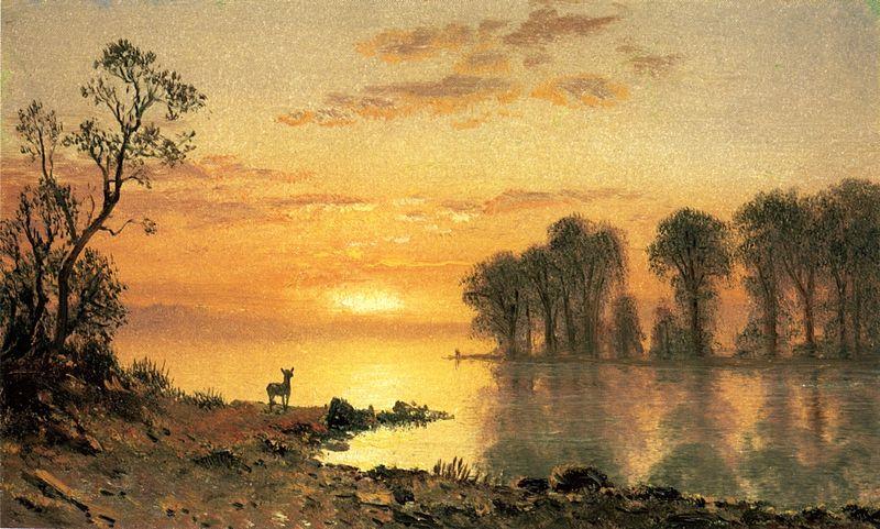 Albert Bierstadt Sunset, Deer and River Spain oil painting art